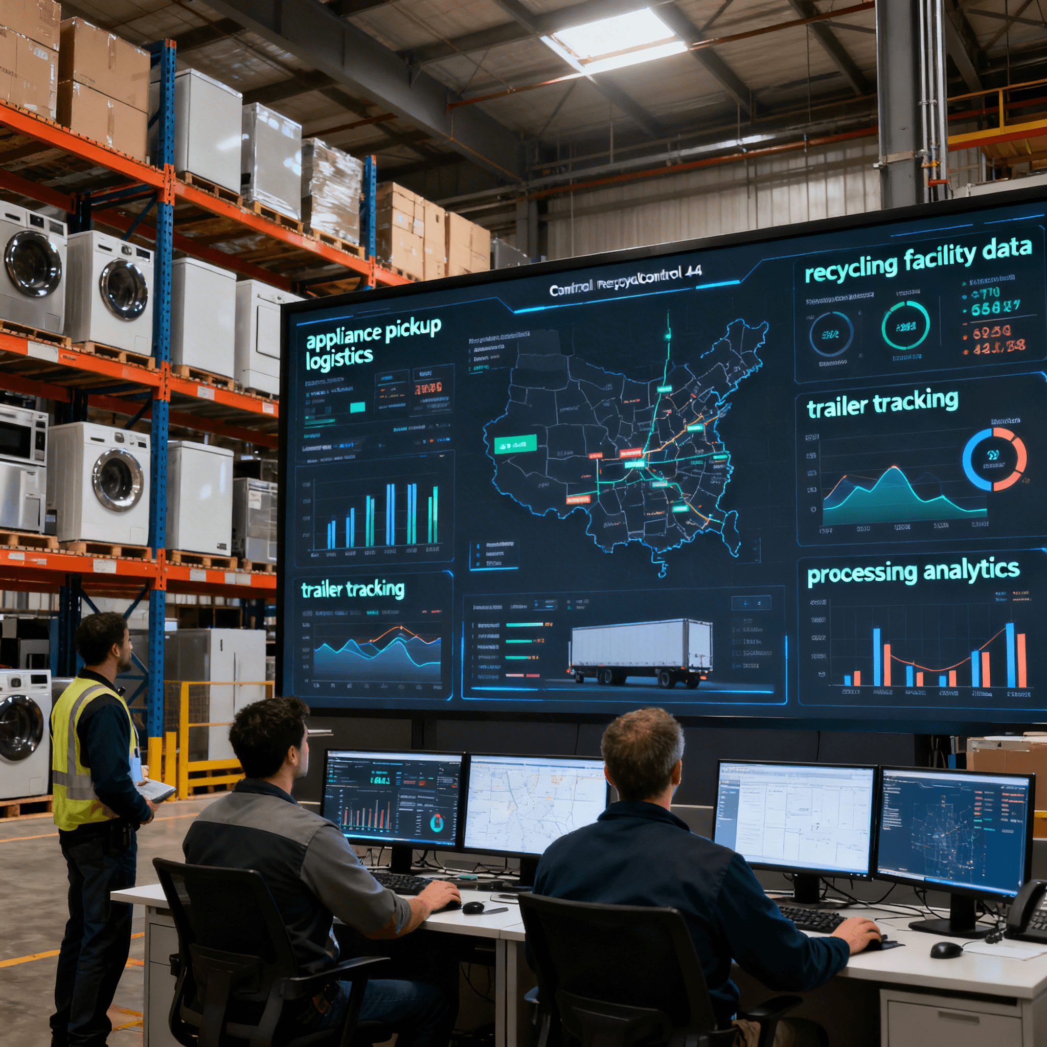 Control room with processing analytics dashboards